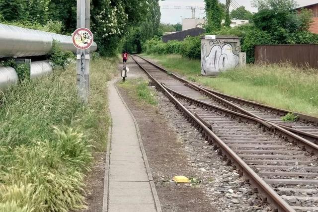 Ein schmaler Gehweg aus Betonplatten führt neben einem Bahngleis zwischen hohem Gras und Rohrleitungen geradeaus, weit hinten ist eine Person unterwegs