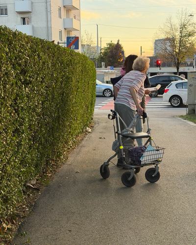 Eine ältere Frau geht mit einem Rollator einen schmalen Gehweg entlang einer hohen Hecke