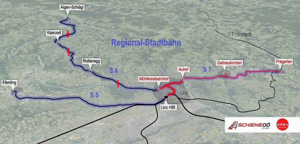 Karte der Regional-Stadtbahn auf einem Luftbild des Linzer Raums. Vom Linz Hbf. führt eine rote Strecke zum Mühlkreisbahnhof und über Auhof als S7 weiter nach Gallneukirchen und Pregarten. Blau umrandet sind die S6 vom Mühlkreisbahnhof über Rottenegg und Kleinzell nach Aigen-Schlägl und die S5 vom Linz Hbf. nach Eferding.